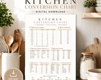 Printbare omrekeningstabel voor de keuken | Gids voor het omrekenen van hoeveelheden voor koken en bakken | Kopjes, ml, oz en gram | Digitale download