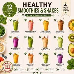 Smoothies Saludables PDF Imprimible – 12 Recetas de Smoothies y Batidos + Guía de recetas en PDF incluida | Guía Fácil de Bebidas Caseras