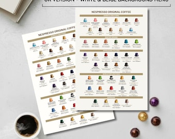 Nespresso Original (UK) utskrivbar kapselguide | Kaffeintensitets- och smaktabell | Dekoration för kaffehörnan | Beige och vit | April 2026