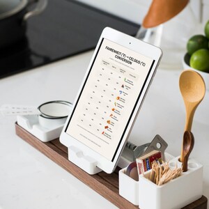 May include: A white tablet displaying a Fahrenheit to Celsius conversion chart is propped up on a wooden and white organizer. The organizer holds a wooden spoon, measuring spoons, and other kitchen tools. Limes are in a white bowl.