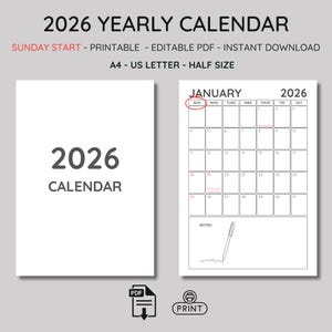 Calendario 2026 imprimible editable pdf, festivos EE.UU., comienza en domingo, minimalista, formatos A4 y Carta US, descarga inmediata