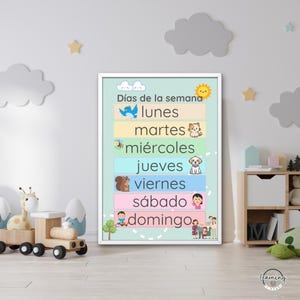 Days of the Week in Spanish, Colorful Children&#39;s Poster, Printable Educational Resource, Elementary Classroom, PDF Teaching Material
