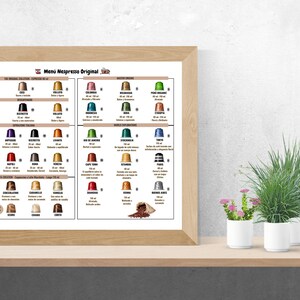 Cardápio original da Nespresso para impressão em espanhol, guia de cápsulas de café, intensidade e sabor, decoração de cozinha para pais, professores e amantes de café