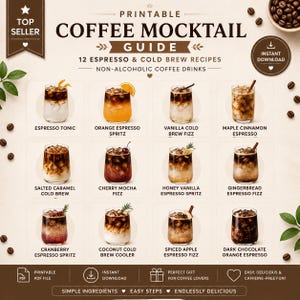 May include: A printable coffee mocktail guide featuring 12 espresso and cold brew recipes. The document displays images of various iced coffee drinks with garnishes, including espresso tonic, orange espresso spritz, and dark chocolate orange espresso.