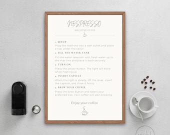 Utskrivbar Nespresso-instruktionsskylt | Airbnb-kaffeguide | Redigerbar Canva-mall | Skylt för kaffestation | Semesterbostad