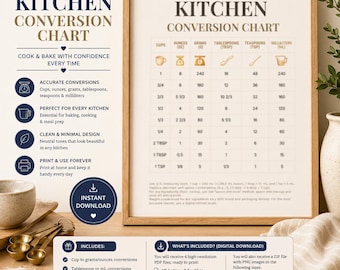 Kitchen Conversions Chart | Cups, Tbsp, Tsp to mL & Grams | Measurement Cheat Sheet | Printable Cooking Guide | Instant Digital Download