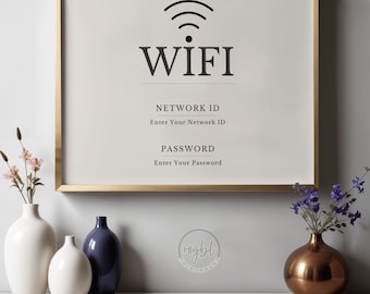 Utskrivbar WiFi-lösenordsskylt | WiFi-lösenordsskylt | Redigerbar Canva-mall | Airbnb-skylt | Dekor för semesterbostäder