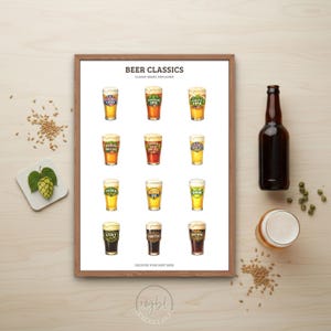 Puede incluir: Un póster enmarcado titulado "BEER CLASSICS" con ilustraciones de varios tipos de cerveza, incluyendo Pilsner y Stout. También hay una botella de cerveza oscura y un vaso de cerveza. El póster incluye el texto "DISCOVER YOUR NEXT BEER".