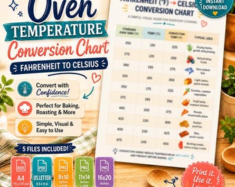 Oven Temperature Conversion Chart Fahrenheit to Celsius | Temperature Guide | Digital Download