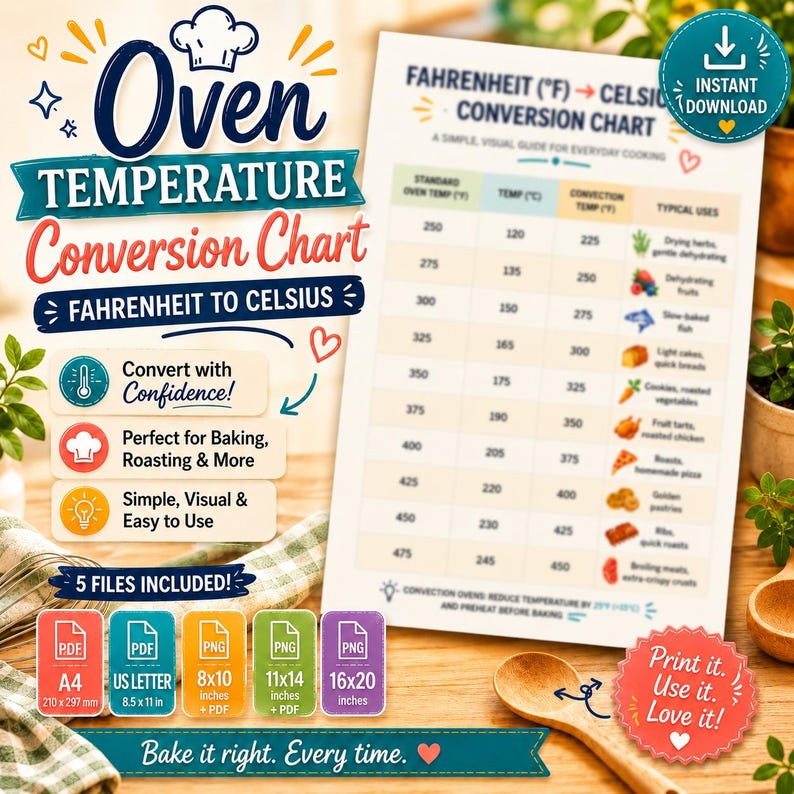 May include: A printable oven temperature conversion chart, converting Fahrenheit to Celsius. Includes a visual guide for everyday cooking, with typical uses listed. Available in multiple file sizes, including 8x10 inches and US Letter.
