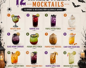 12 alkoholfreie Halloween-Getränkerezepte | Halloween-Mocktails | PDF zum Ausdrucken | Ideen für die Halloween-Party | Digitaler Download