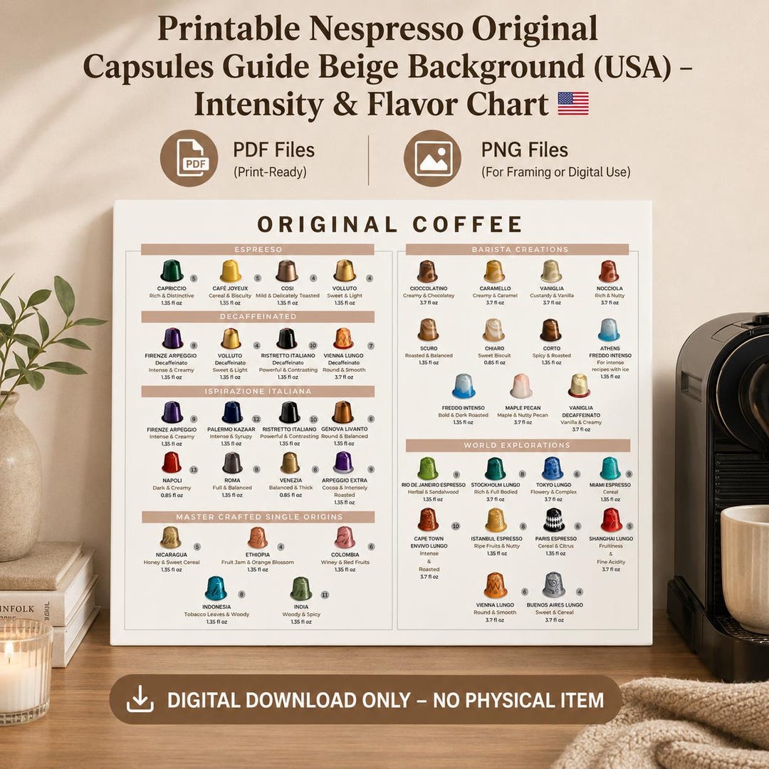 Printable Nespresso Original Capsules Guide Beige Background (USA
