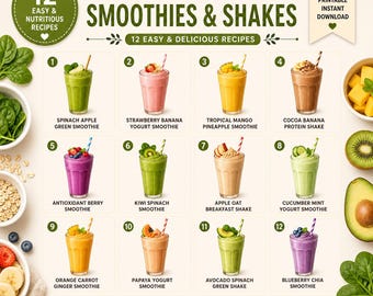Smoothie Recipes Printable – 12 Healthy Smoothies & Shakes | Easy Homemade Drinks Guide