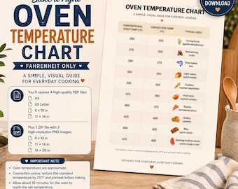 Oven Temperature Chart Fahrenheit Only | Baking & Roasting Guide | Oven Temperature Conversion Chart | Digital Download