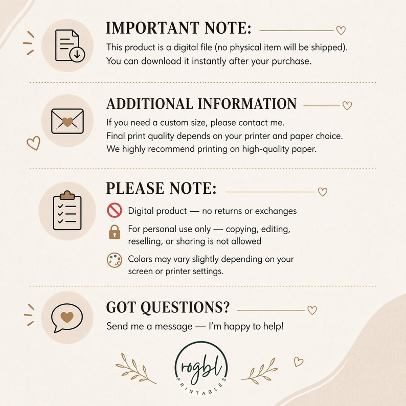 May include: A digital product information sheet with text in a serif font. The text includes "Important Note", "Additional Information", "Please Note", and "Got Questions?" with icons and a logo. The background is a light beige color.