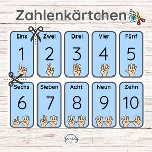 Zahlenkarten zum Ausdrucken, Zahlenkärtchen für Kinder, Lernkarten 1-10 mit Fingerzeichen, Lernmaterial für Kindergarten