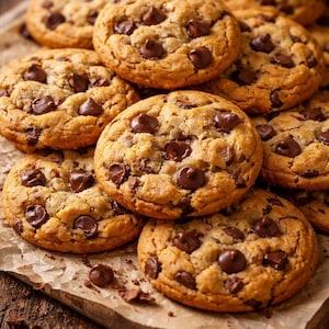 Puede incluir: Primer plano de varias galletas con chispas de chocolate recién horneadas. Las galletas son de color marrón dorado con chispas de chocolate visibles y se encuentran sobre papel de pergamino. La imagen está tomada sobre una superficie de madera.