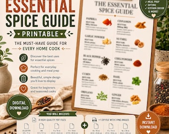 Utskrivbar kryddguide för kök | Grundläggande kryddlista | Viktig kryddguide för hemmet | Digital PDF- och PNG-nedladdning