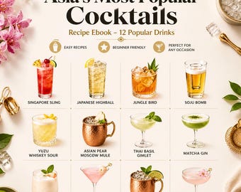 Digital receptbok med asiatiska cocktails – 12 populära drinkar, e-bok för mixologi, recept för hemmabarer, utskrivbar PDF