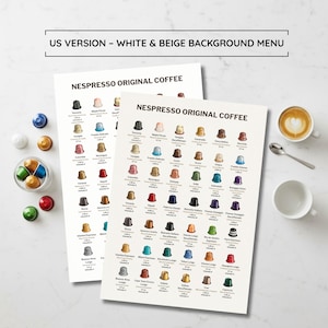 May include: Two printed menus titled "Nespresso Original Coffee" display a variety of coffee pod options. Colorful coffee pods are scattered around the menus, with a cup of coffee and a spoon on the right side. The background is white.
