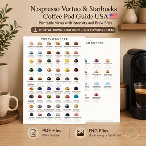 May include: A printable digital guide titled Nespresso Vertuo & Starbucks Coffee Pod Guide USA, featuring a grid of colourful coffee capsule icons with names, intensity levels, and brew sizes. The document includes two white sheets with text.