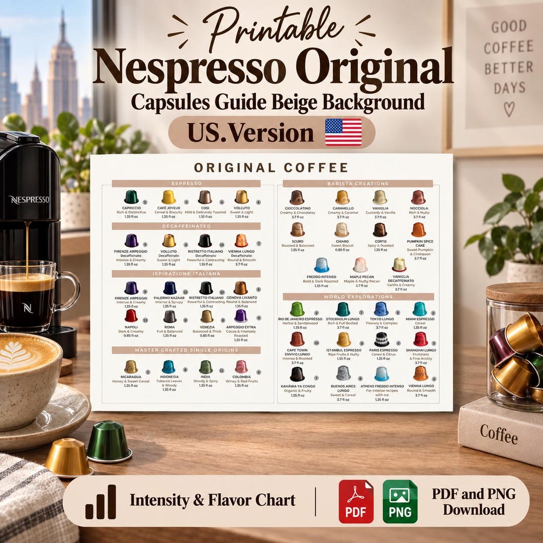 Printable Nespresso Original Capsules Guide Beige Background (USA