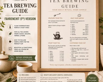 Printable Tea Brewing Guide | Water Temps & Steep Times | PDF PNG Wall Art | Green, Black, Oolong, Herbal Tea