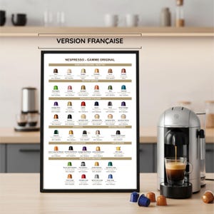 Peut inclure: Une affiche encadrée avec le texte "VERSION FRANÇAISE" et un guide des capsules Nespresso. Une machine à café Nespresso argentée prépare du café dans un verre. Diverses capsules de café sont éparpillées sur le comptoir.