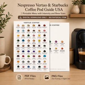 May include: A digital coffee pod guide titled Nespresso Vertuo & Starbucks Coffee Pod Guide USA. The document features a grid of various colored coffee capsules with names, intensity levels, and brew sizes. It includes PDF and PNG file labels.