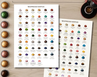 Nespresso Vertuo Guide (brittisk version) | Utskrivbar kaffekapselmeny med styrka och smak | Vit och beige | April 2026