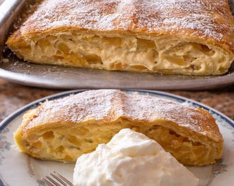 Receta Strudel Alemán de Queso y Melocotón Paso a Paso Imprimible, Postre Europeo Fácil, Descarga Digital A4 US Letter