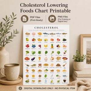 Druckbare Liste cholesterinsenkender Lebensmittel | Leitfaden für gesunde Ernährung (PDF/PNG) | Ernährungstabelle für die Herzgesundheit