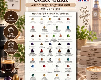 May include: A Nespresso Original Coffee Guide chart featuring a white background with organized rows of coffee capsule names, descriptions, and intensity levels. The text includes categories like Barista Creations, Master Origins, and Espresso.