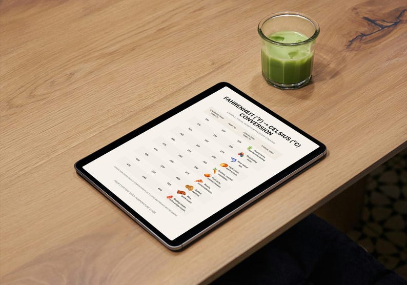 May include: A digital tablet displaying a Fahrenheit to Celsius conversion chart, with food icons. A glass of green liquid sits nearby on a wooden table. The chart includes the text "FAHRENHEIT (&deg;F) &rarr; CELSIUS (&deg;C) CONVERSION".