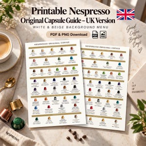 Pode incluir: Um guia imprimível de cápsulas Nespresso Original versão Reino Unido com uma lista de cápsulas de café incluindo nomes, níveis de intensidade e volumes. O documento contém seções para Barista Creations, Master Origins e World Explorations.