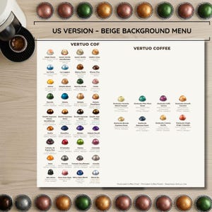 Puede incluir: Un gráfico de café con varios sabores de cápsulas de café Vertuo, incluyendo Maple Pecan, Sweet Vanilla y Golden Caramel. El gráfico está etiquetado como "US VERSION - BEIGE BACKGROUND MENU" e incluye una variedad de colores y nombres de cápsulas de café.