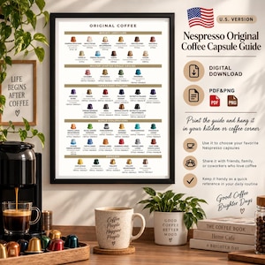 May include: A digital Nespresso Original Coffee Capsule Guide poster featuring a comprehensive chart of various coffee pods categorised by collection, including names, flavour profiles, and intensity levels, presented in a black frame on a wall.