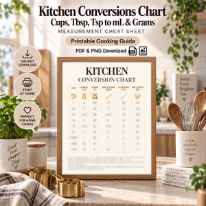 Può includere: Una tabella di conversione da cucina incorniciata con colonne per tazze, once, grammi, cucchiai, cucchiaini e millilitri. La tabella include icone di strumenti di misurazione e intestazioni di testo. È una guida di cucina stampabile.