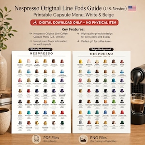 May include: A digital Nespresso Original Line coffee capsule menu guide featuring two printable charts with white and beige backgrounds. The charts display rows of coloured coffee pods with names, intensity levels, and flavour profiles in English.