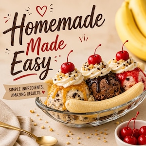 Puede incluir: Un banana split en un plato de vidrio transparente. El postre presenta bolas de helado con aderezos, que incluyen crema batida, salsa de chocolate, caramelo y cerezas. El texto "Homemade Made Easy" se muestra encima del postre.