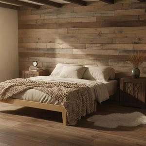 Rustic Pine Queen Bed Frame with Underbed Storage, No Box Spring Needed, Painted Finish, Minimalist Solid Wood Platform Design