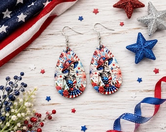Pendientes de esqueleto patrióticos / Pendientes de lágrima del 4 de julio / Pendientes colgantes rojos, blancos y azules / Joyería americana / Pendientes ligeros y llamativos