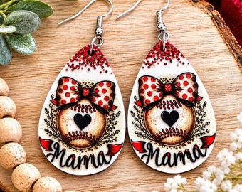 Pendientes de béisbol para mamá / Pendientes de lágrima para mamá de softbol / Pendientes de lazo de béisbol / Joyería para mamás deportistas / Lindo regalo para mamás beisboleras