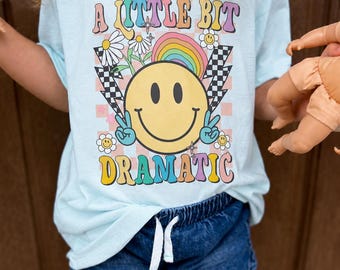 Little Bit Dramatic Kids Shirt, Retro Smiley Face Tee, Toddler Graphic Tee, Trendy Kids Shirt, Vintage Style Kids Clothing, Funny Girl Shirt