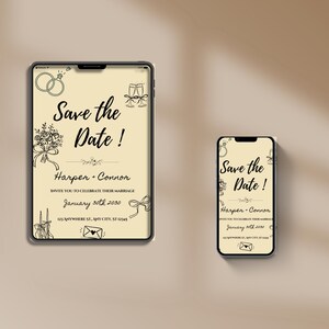 Reserva la fecha en Evite. Invitaciones de boda estilo doodle, menú y RSPV. Invitaciones modernas. Descargables y editables.