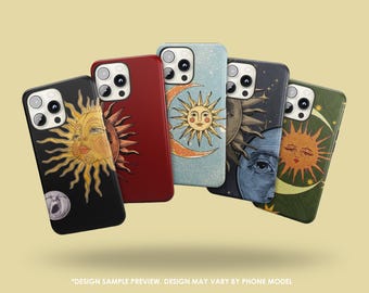 May include: A collection of five phone cases with celestial designs. The cases feature illustrations of the sun, moon, and stars in various colors, including black, red, blue, and green. The cases are shown against a light yellow background.