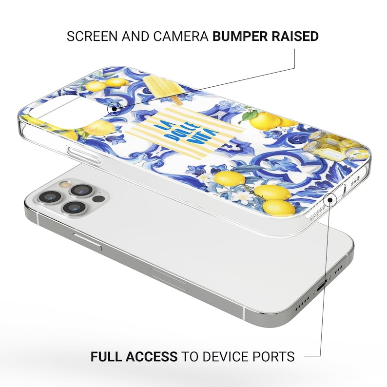 May include: A clear phone case with a colorful Italian-inspired design featuring lemons, flowers, and the text "La Dolce Vita". The case has raised edges to protect the screen and camera.