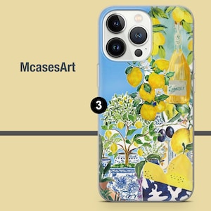 May include: A blue and white phone case with a lemon tree, lemons, and a bottle of limoncello. The text "Limoncello" is on the bottle.
