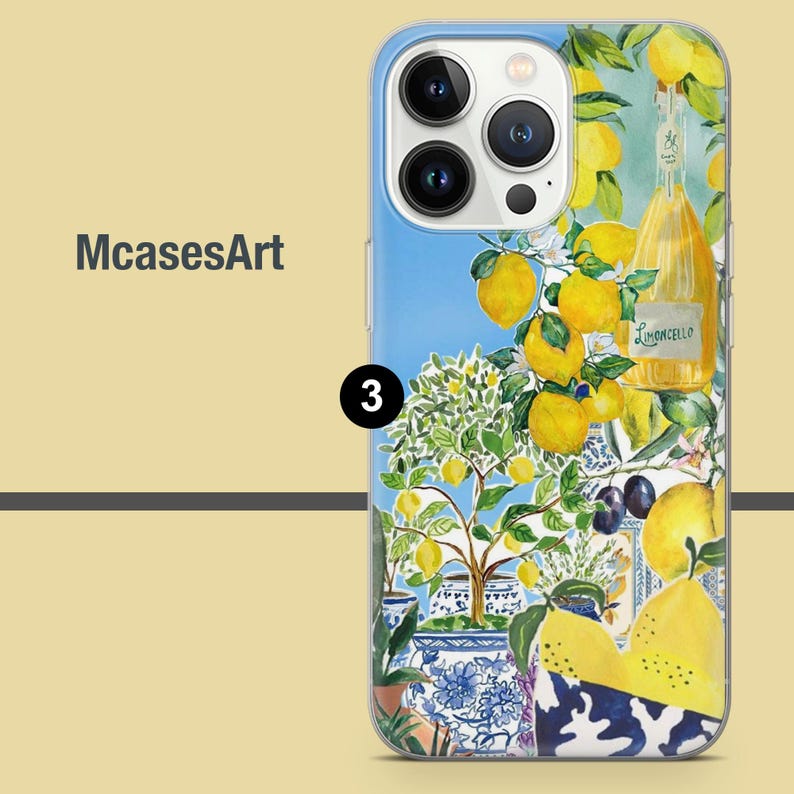 May include: A blue and white phone case with a lemon tree, lemons, and a bottle of limoncello. The text "Limoncello" is on the bottle.