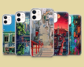 May include: Set of five phone cases featuring different cityscapes. The cases are clear and show colourful illustrations of buildings, streets, and lights. The cases are all the same size and shape.